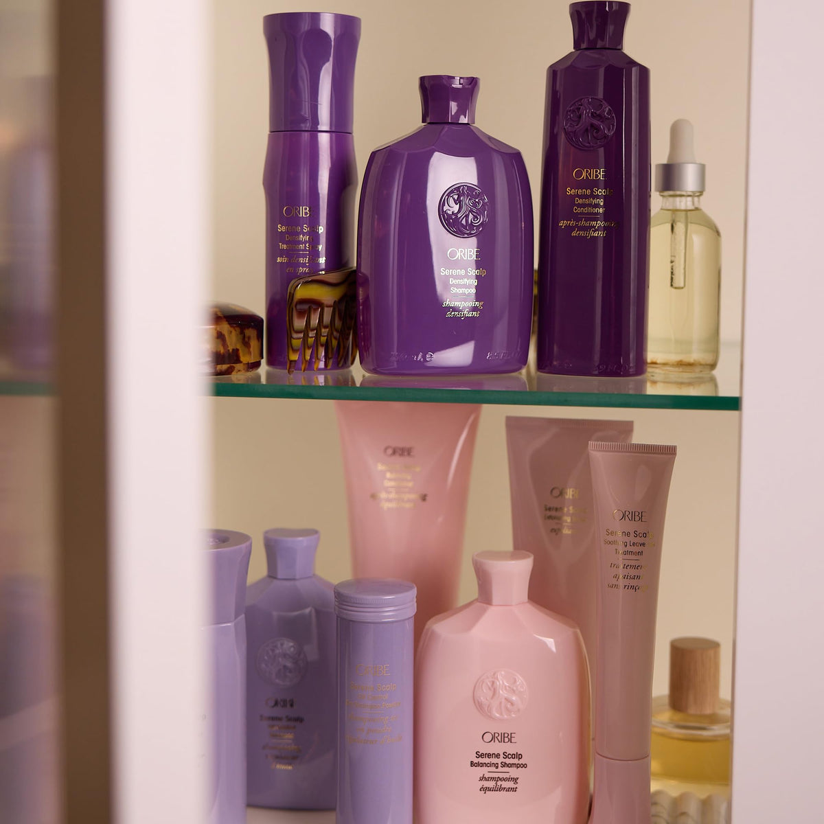 Oribe shampoo on bathroom counter during morning routine showing everyday use benefit
