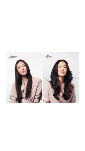 Oribe lifestyle shot of model with voluminous hair illustrating visible body