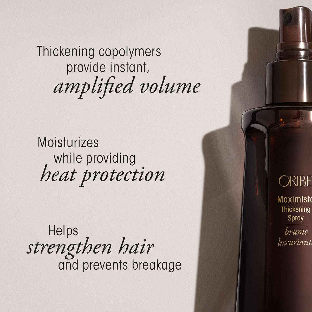 Close-up texture of Oribe Maximista mist on hair illustrating lightweight thickening effect