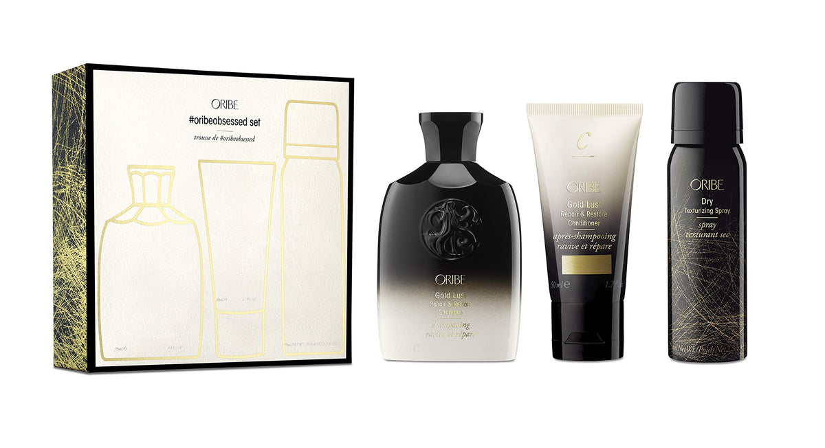 Oribe Obsessed Set front packaging showing trio for travel, luxury convenience by Oribe
