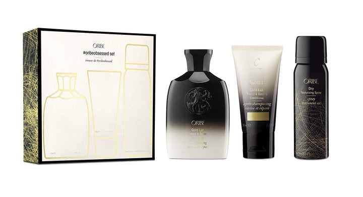 Oribe Obsessed Set front packaging showing trio for travel, luxury convenience by Oribe