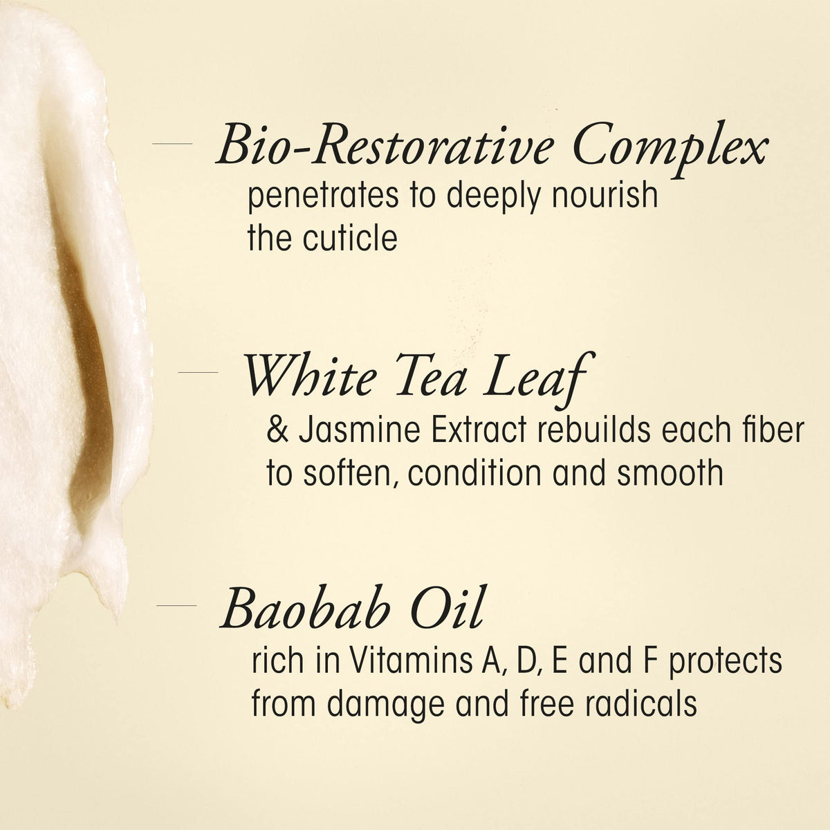 ORIBE product label close-up showing key ingredients for strengthening hair