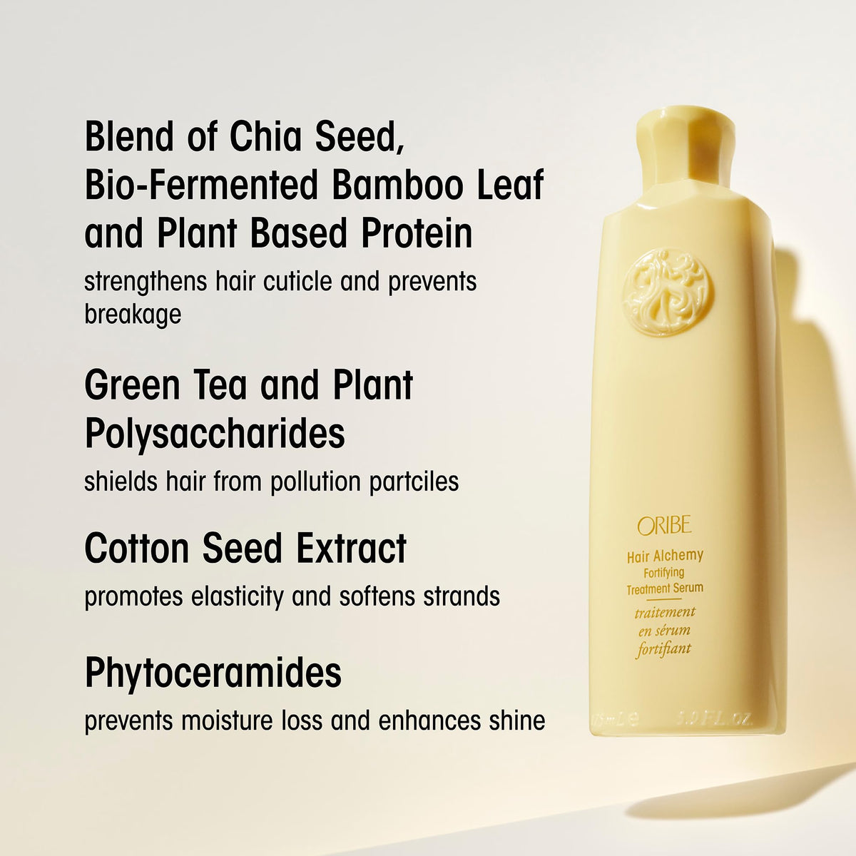 Oribe product label ingredients view emphasizing plant-based strengthening benefit