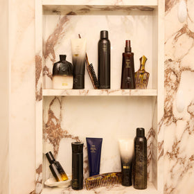 Oribe Royal Blowout on bathroom vanity for everyday styling convenience benefit