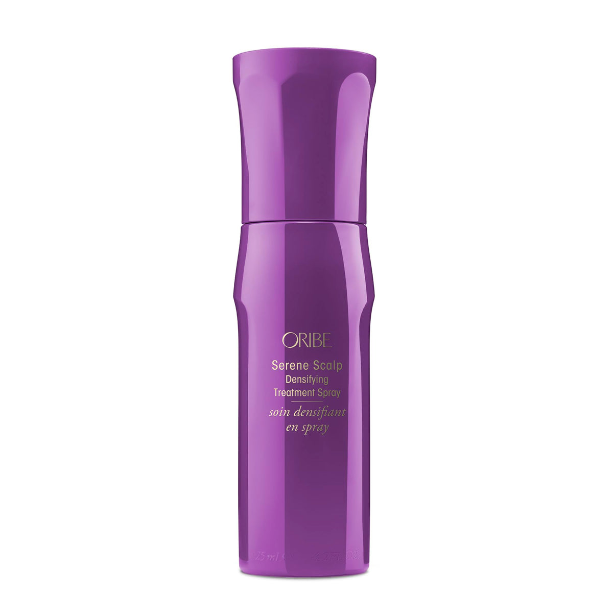 ORIBE front packaging of Serene Scalp Densifying Treatment spray showing bottle and label, promotes fuller hair