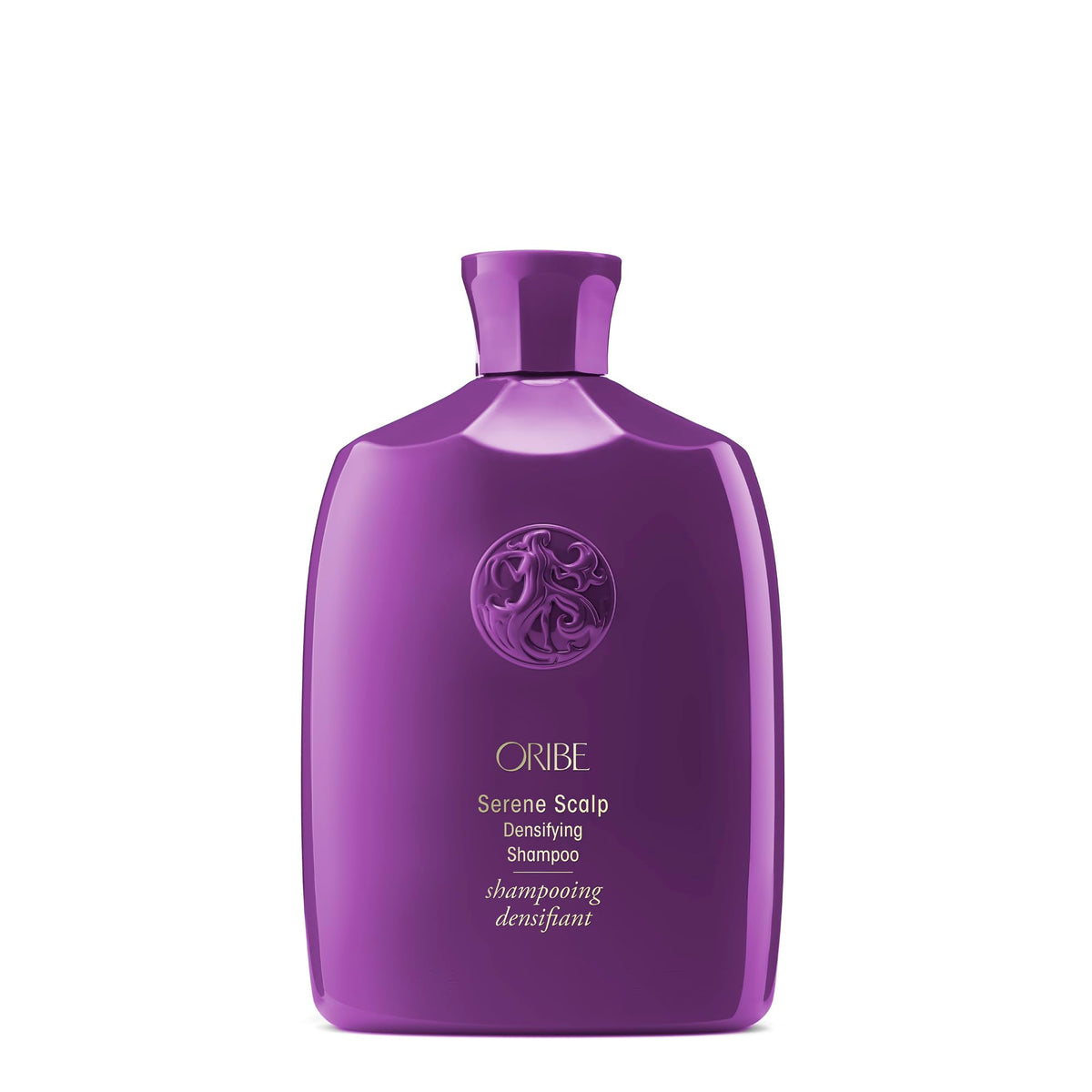 Oribe Serene Scalp densifying shampoo front view showing sleek bottle and brand benefit