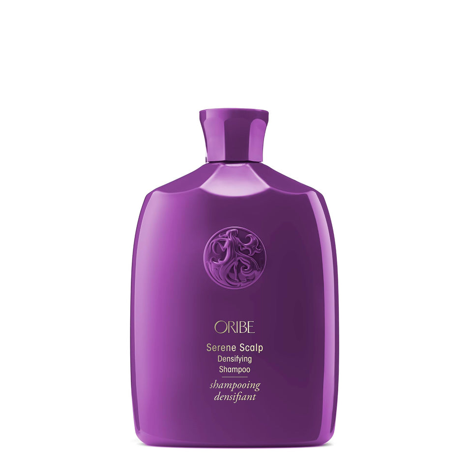 Oribe Serene Scalp densifying shampoo front view showing sleek bottle and brand benefit