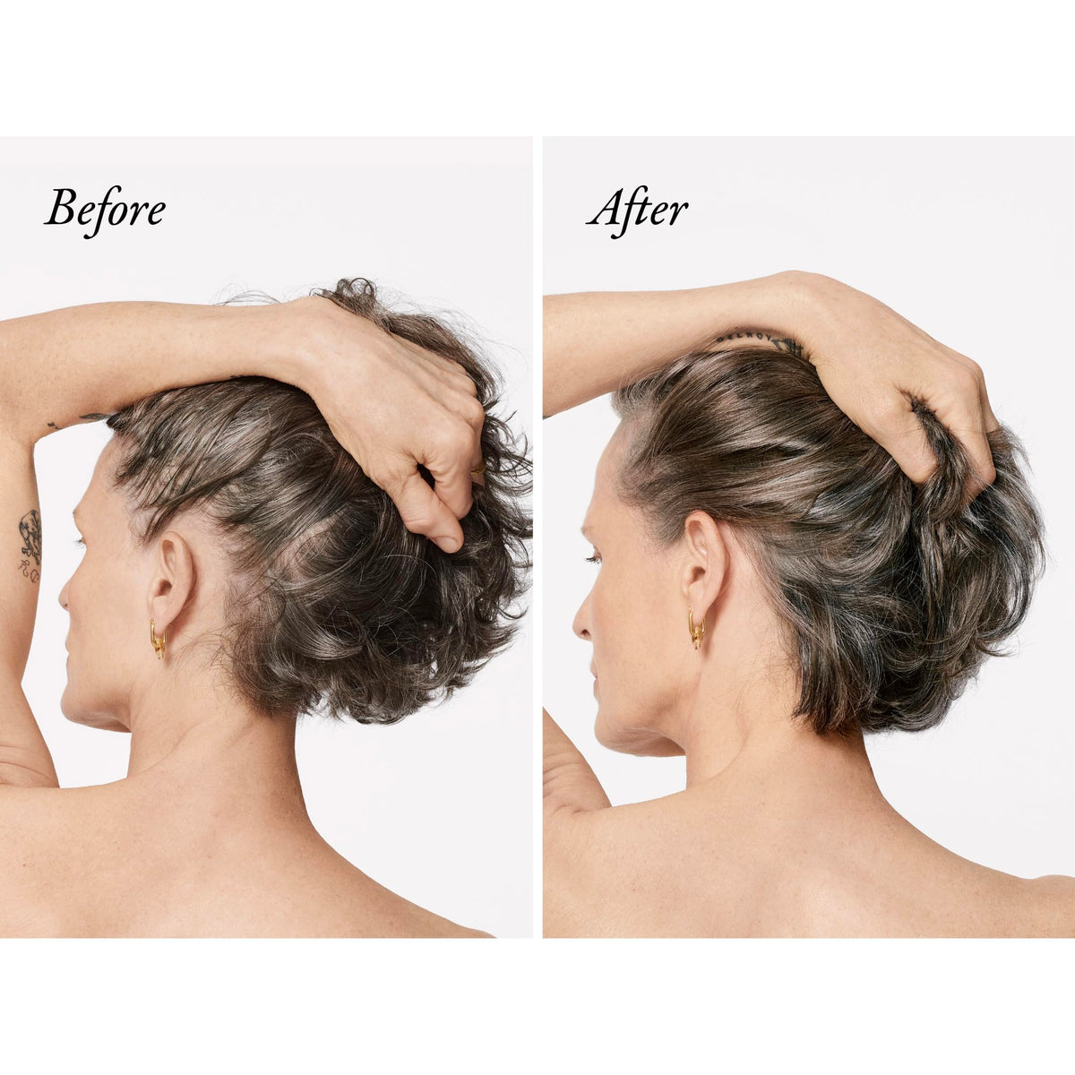 ORIBE before and after root lift image showing fuller-looking hair after Serene Scalp application