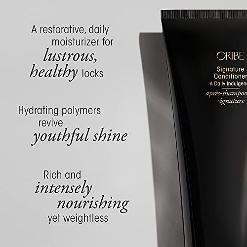 Model with glossy, detangled hair after using Oribe Signature Conditioner showing shine
