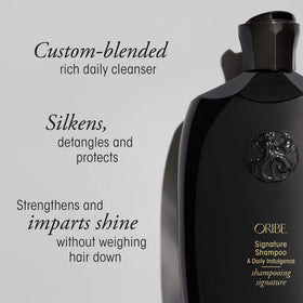 Oribe Signature Shampoo in hand scale demonstrating the 8.5 oz portable size benefit