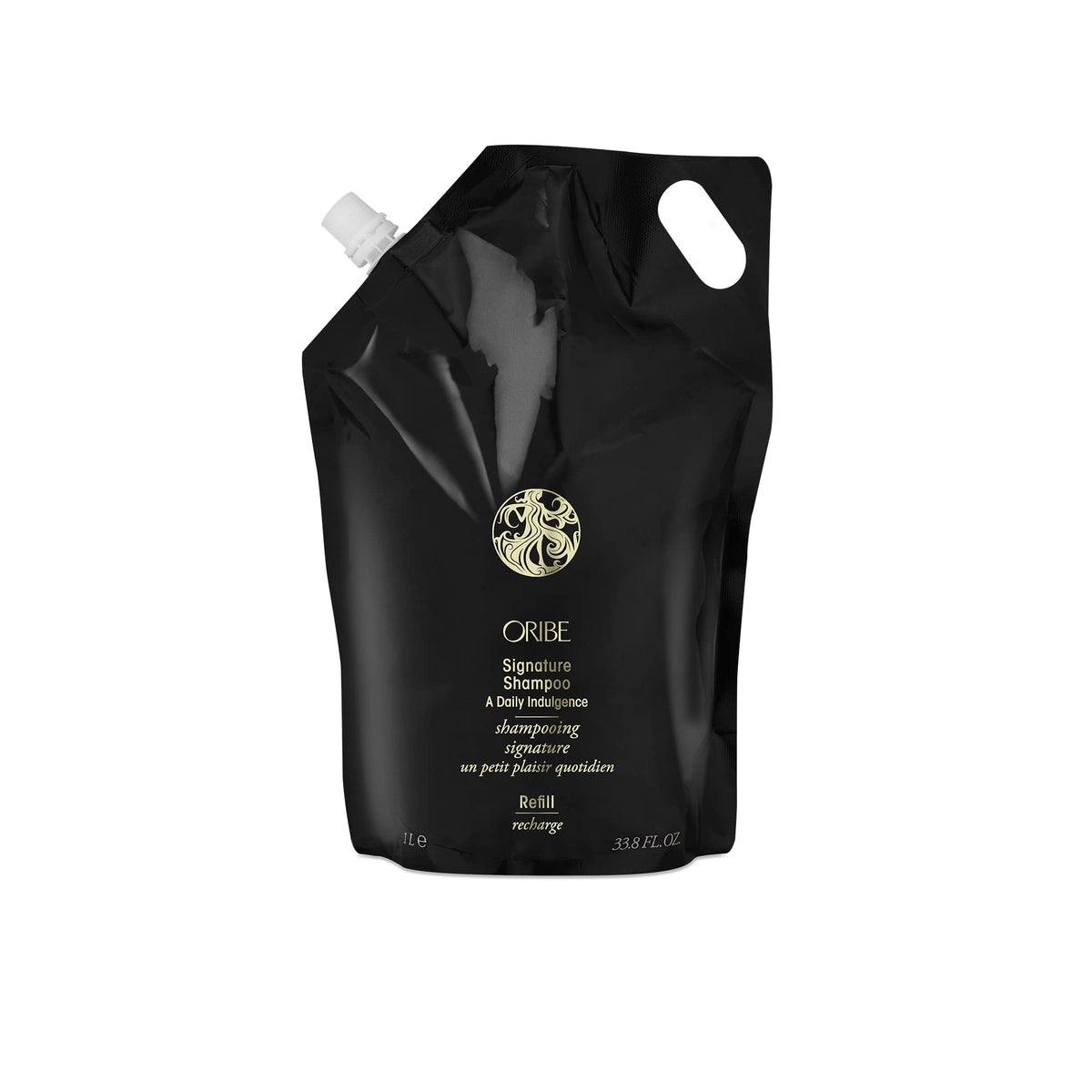 Oribe liter refill pouch front showing brand and easy refill benefit