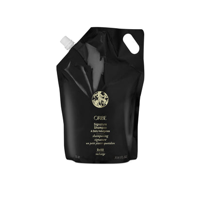 Oribe liter refill pouch front showing brand and easy refill benefit
