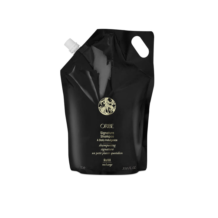Oribe liter refill pouch front showing brand and easy refill benefit