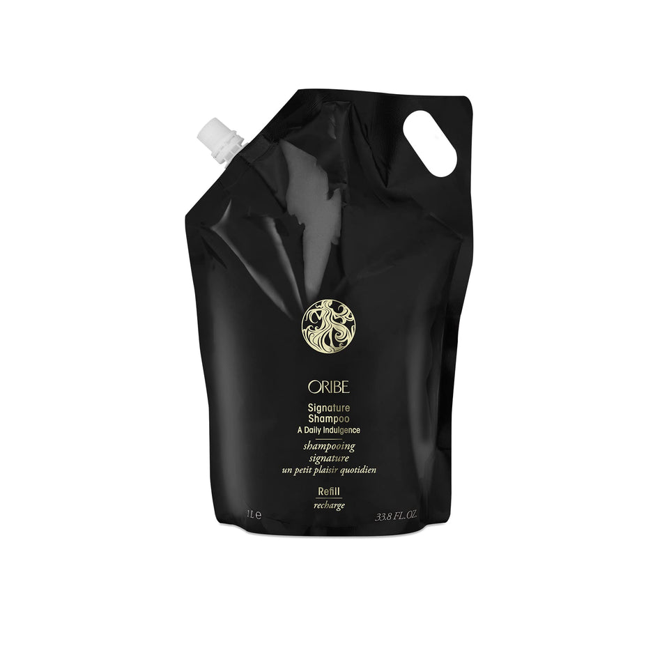 Oribe liter refill pouch front showing brand and easy refill benefit