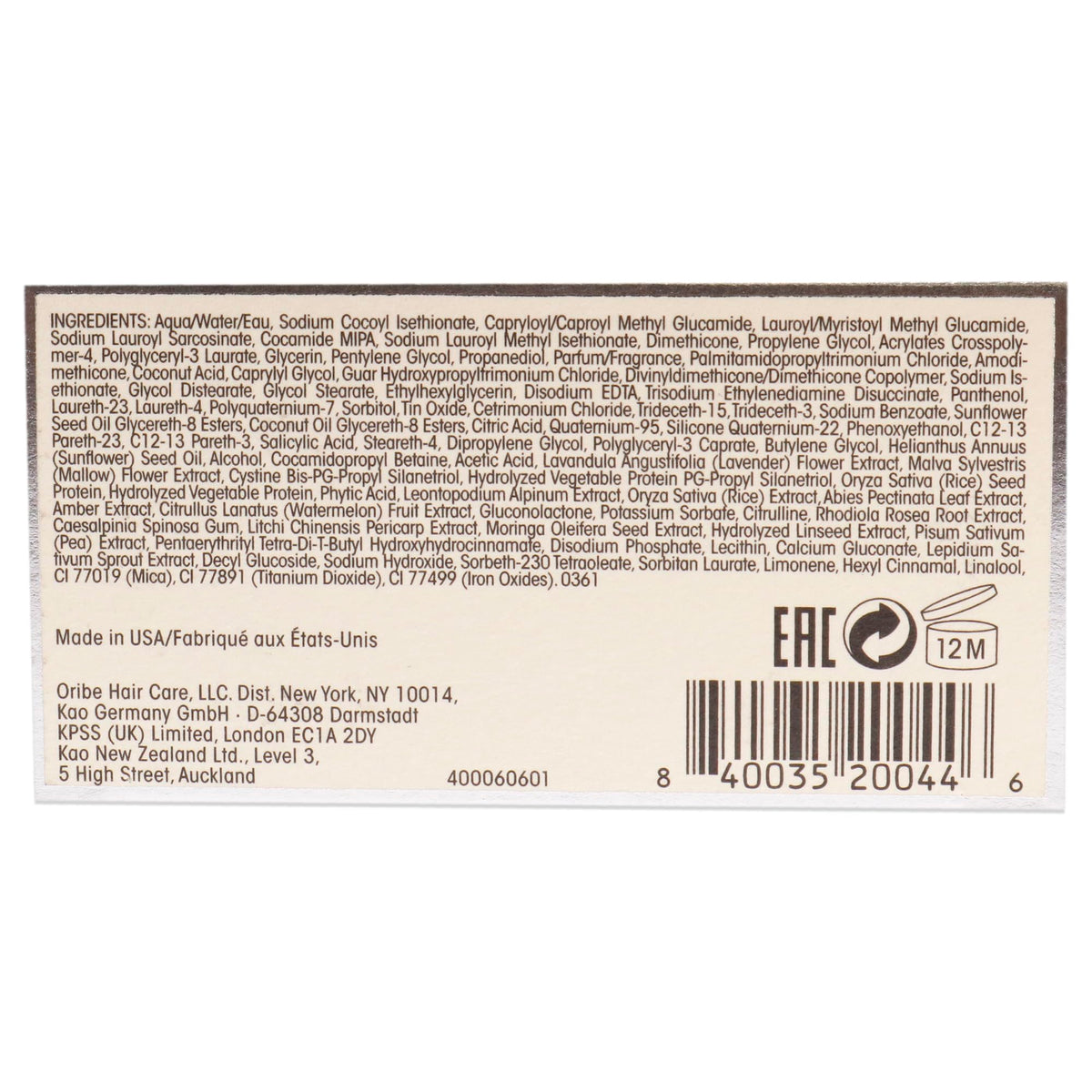 Oribe Silverati packaging label detail highlighting ingredients and benefits