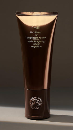 Oribe 6.76 fl oz bottle beside hairbrush showing scale and salon convenience
