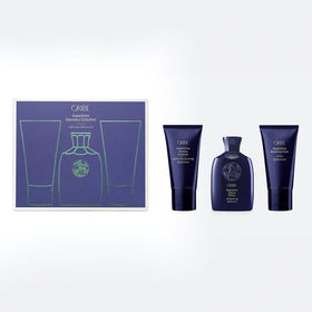 Oribe Supershine front packaging trio showing glossy travel bottles and benefits