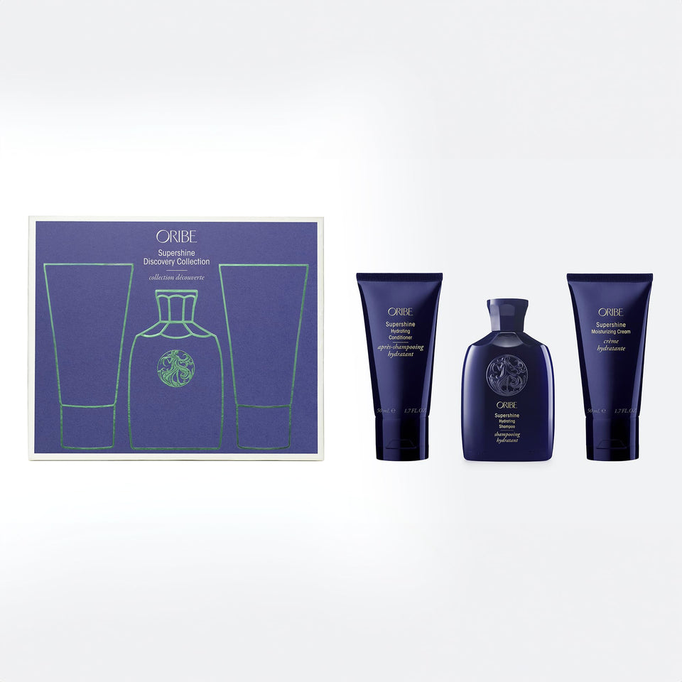 Oribe Supershine front packaging trio showing glossy travel bottles and benefits