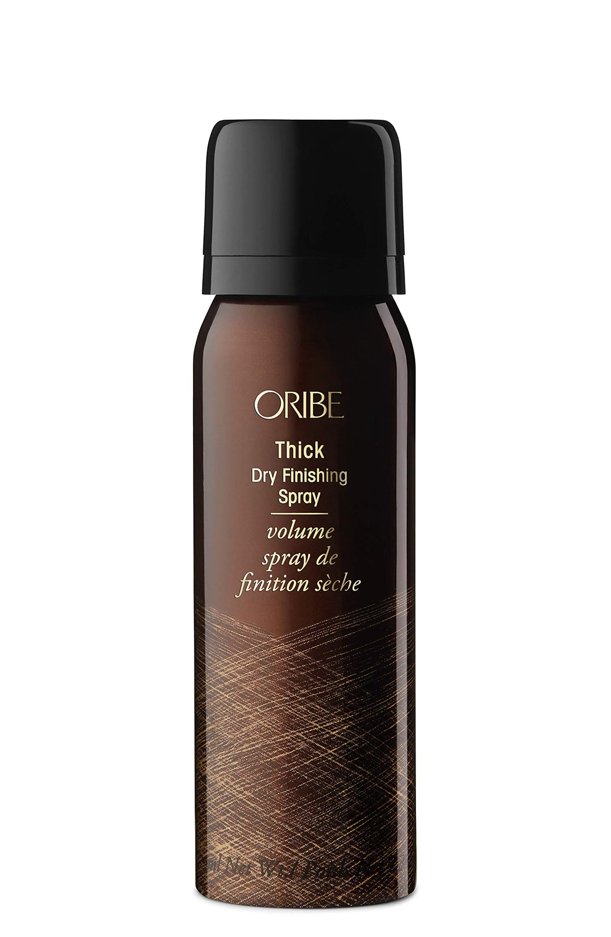Oribe Thick Dry Finishing Spray front packaging showing bottle and 2.0 oz size for travel-friendly volume