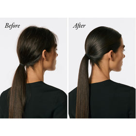 ORIBE before and after updo photo demonstrating polished shine and frizz control