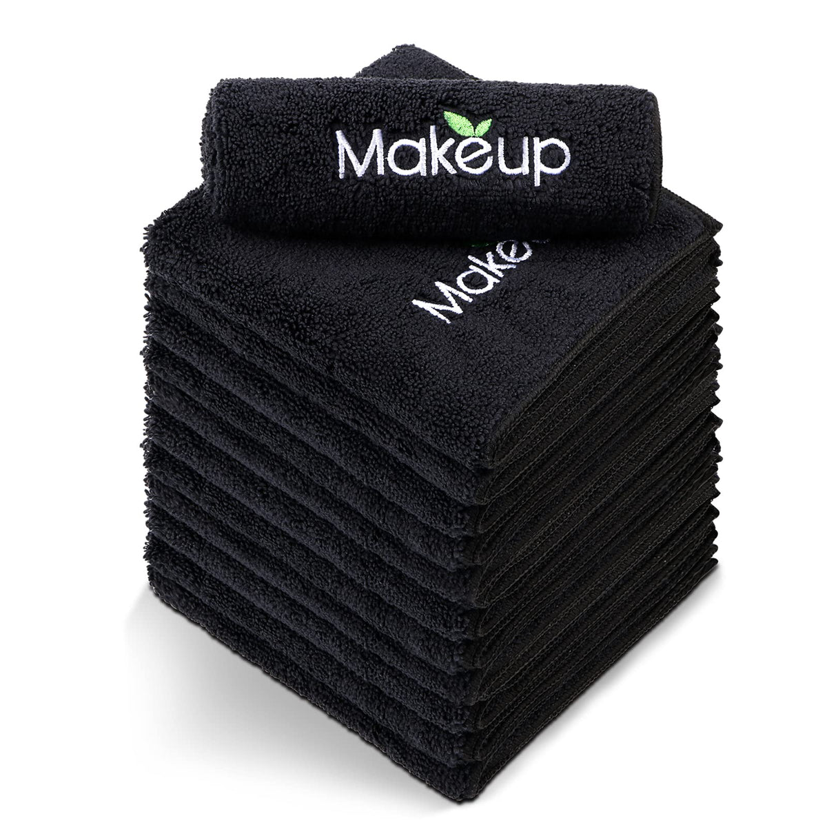 Orighty front pack view showing 12 black microfiber towels and compact packaging benefit