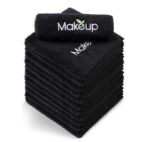 Orighty front pack view showing 12 black microfiber towels and compact packaging benefit