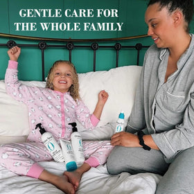 Original Sprout family using product in bathroom showing kid-safe everyday detangling benefit