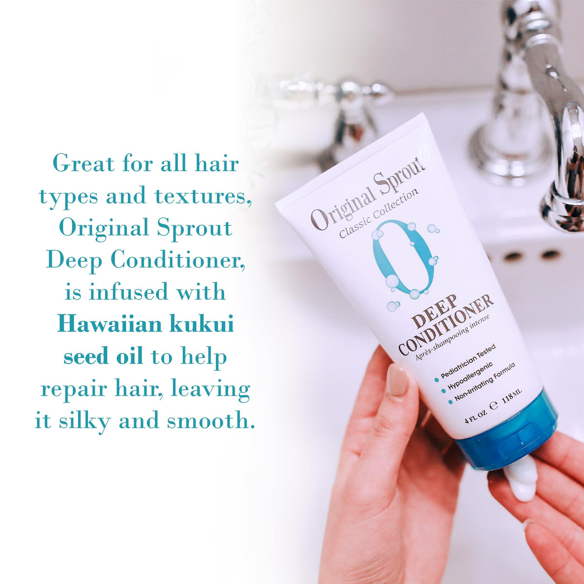 Original Sprout applied in shower on wet hair illustrating smoothing and detangling benefit