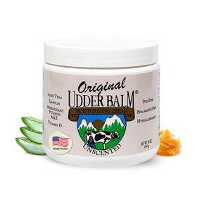 Original Udder Balm front jar showing packaging and unscented claim, offers reliable hydration