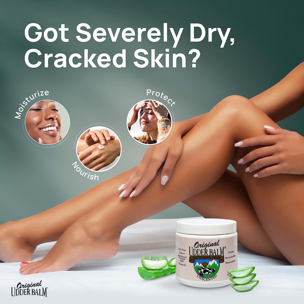 Original Udder Balm ingredient label close-up, brand highlights hypoallergenic formulation