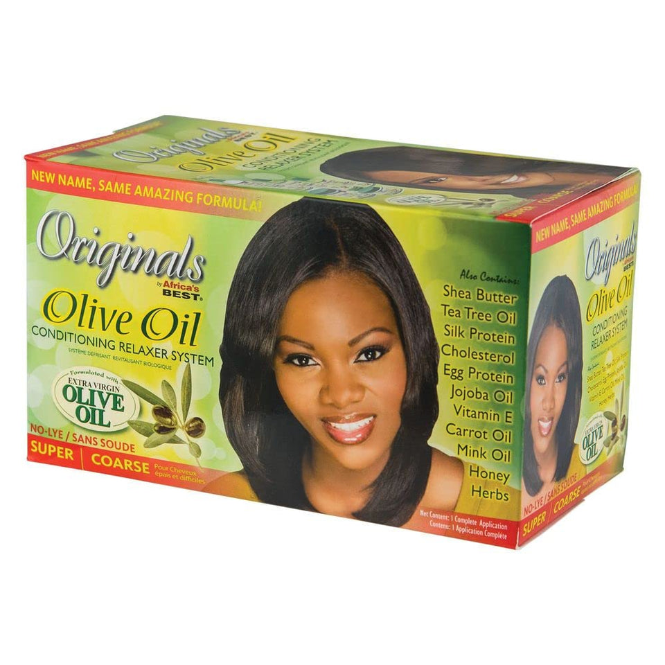 Originals by Africa's Best front kit packaging showing included relaxer and treatments for conditioned straightening