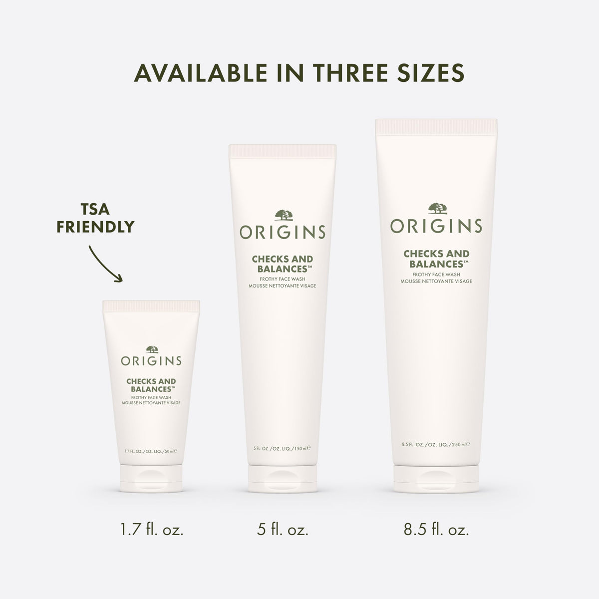 Origins bottle in bathroom setting, suggests daily routine compatibility