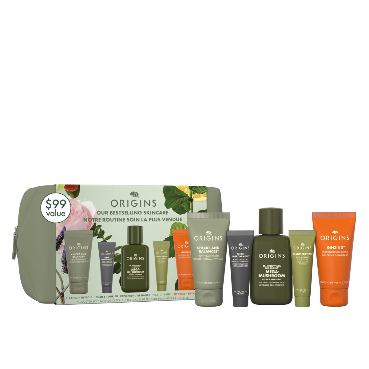 Origins discovery set front packaging showing five travel-size products and convenience
