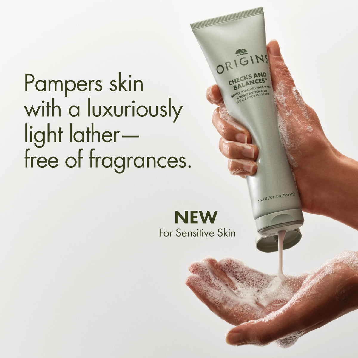 Origins close-up of airy scoopy foam texture illustrating gentle cleansing benefit