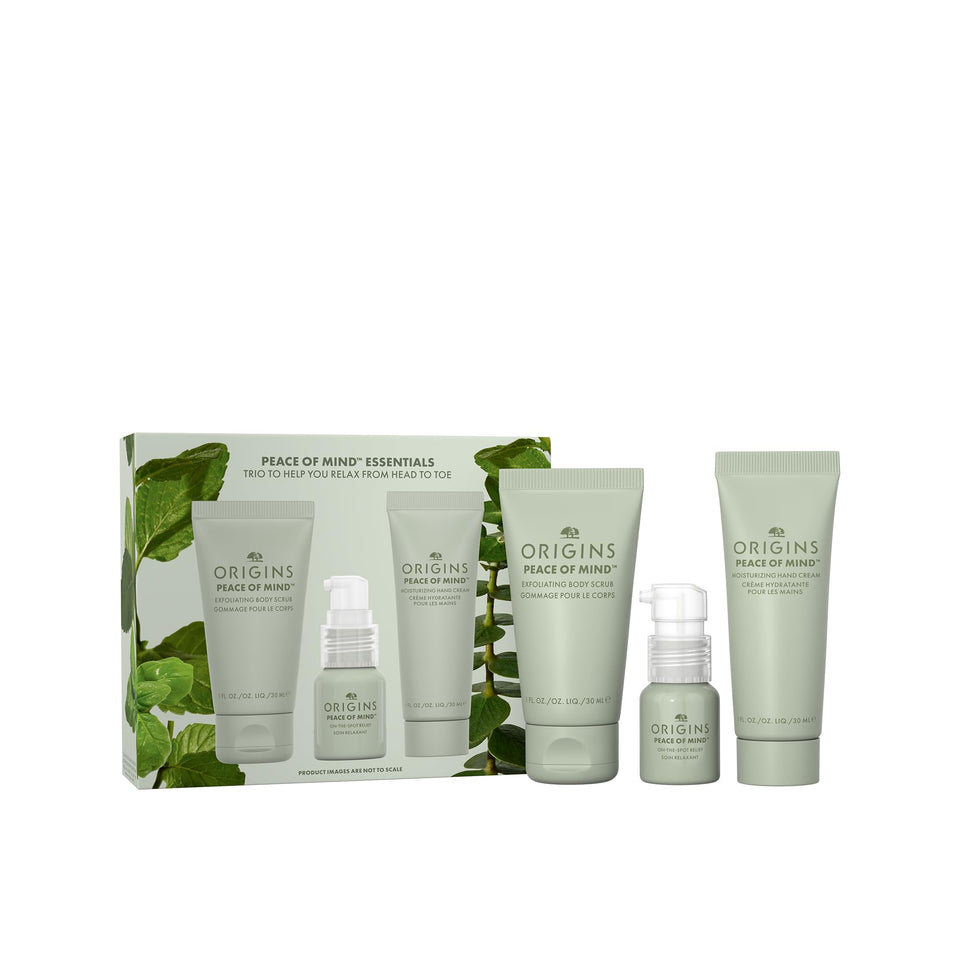 Origins front packaging of the Peace of Mind travel set showing all three products and calm gifting appeal
