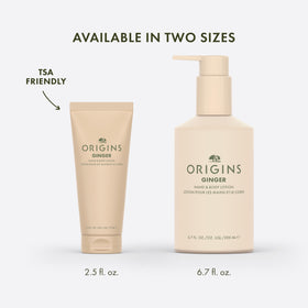 Origins ginger lotion beside travel items indicating travel-friendly hydration