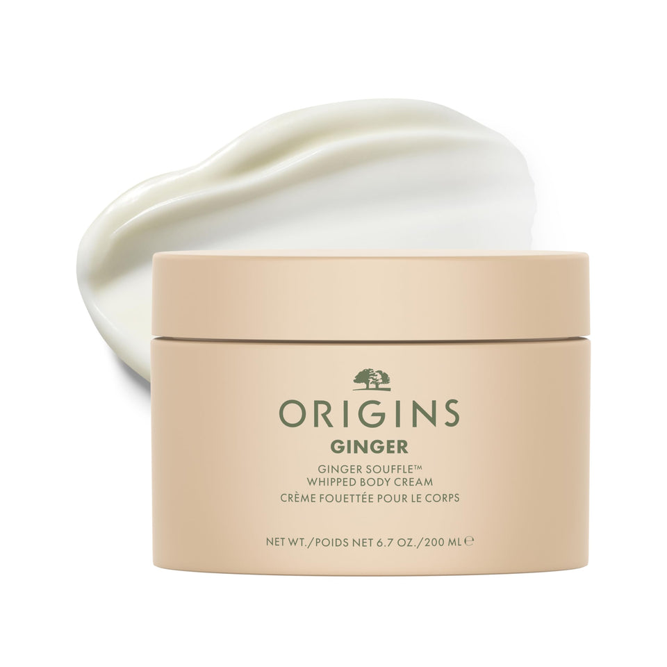 Origins Ginger Souffle front jar showing product and branding with tactile appeal