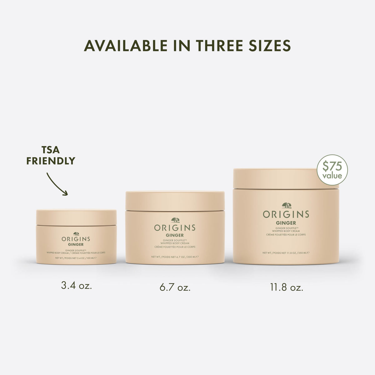 Origins jar held in hand showing 11.8 fl oz scale and value benefit