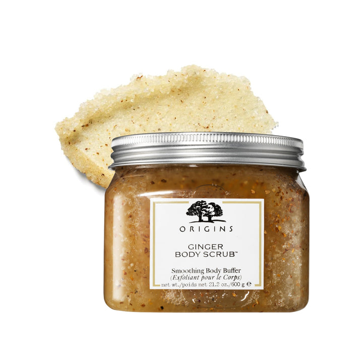 Origins ginger tub front view showing product label and jar benefit of smoothing skin