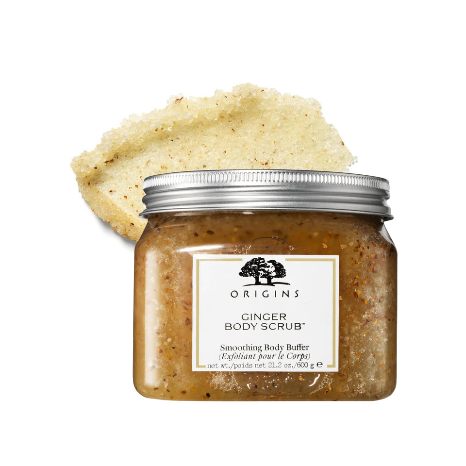 Origins ginger tub front view showing product label and jar benefit of smoothing skin