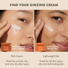 Origins GinZing key ingredients display with ginseng and coffee beans for energizing boost