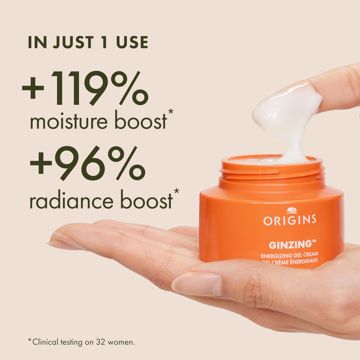 Origins GinZing open jar with visible gel cream for immediate hydration benefit