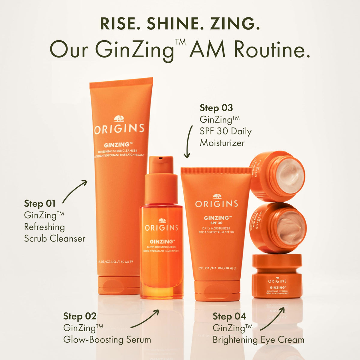 Lifestyle vanity scene with Origins jar showing daily routine and radiant-eye benefit