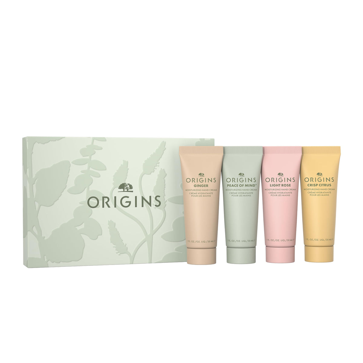 Origins front packaging of four travel hand creams shows compact convenience and gift-ready design