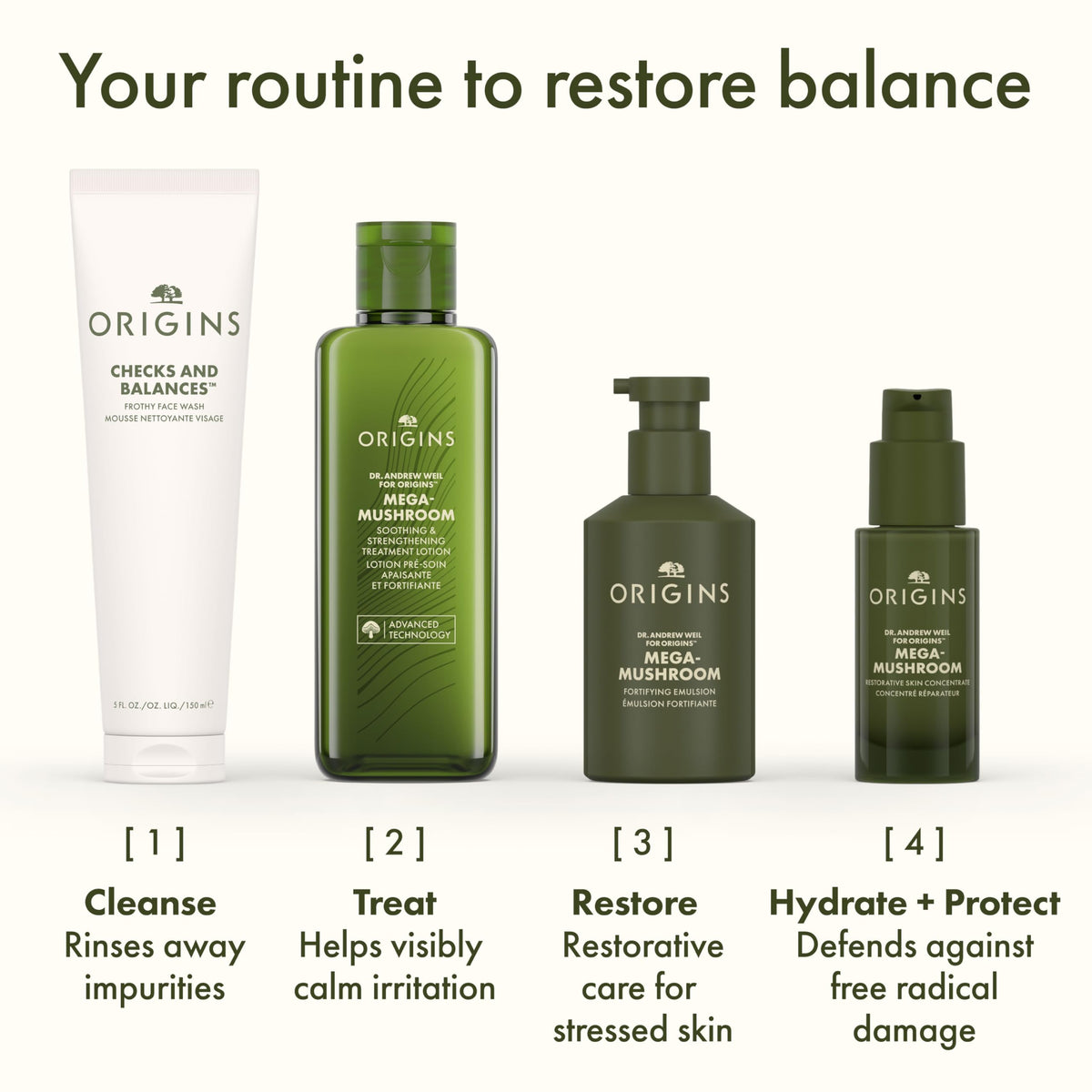 Origins bottle on bath shelf styled to show everyday routine and calming benefit