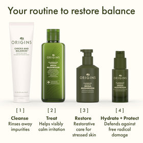 Origins bottle on bath shelf styled to show everyday routine and calming benefit