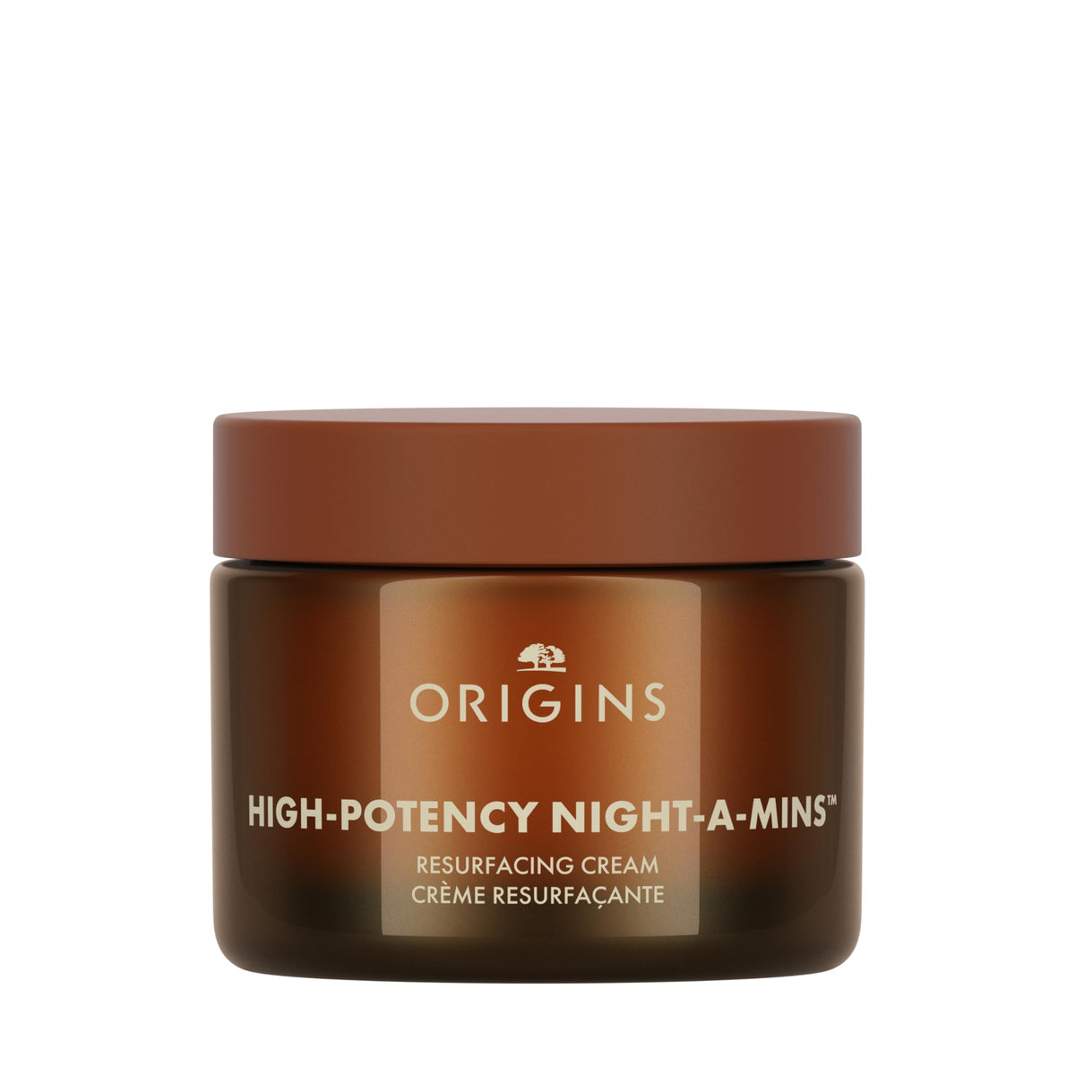 Origins jar front packaging showing label and 1.7 fl oz size, clear product identity benefit