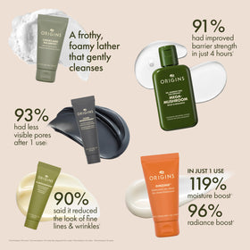 Origins products flatlay with botanicals showing natural ingredients and targeted benefits