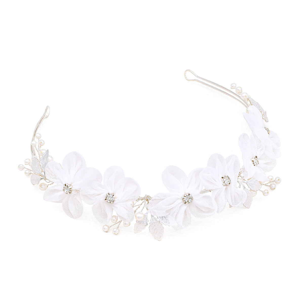 Oriamour front view of silver tulle headband, elegant finishing touch