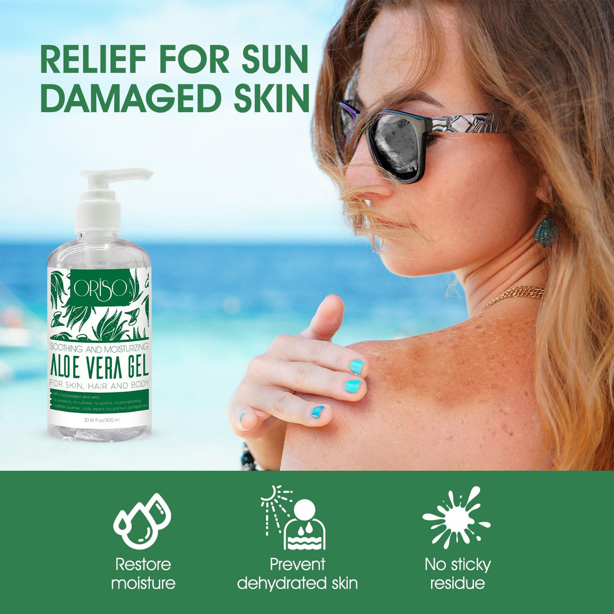 ORISO gel on palm being smoothed into hair, hydrating strands and calming dry scalp